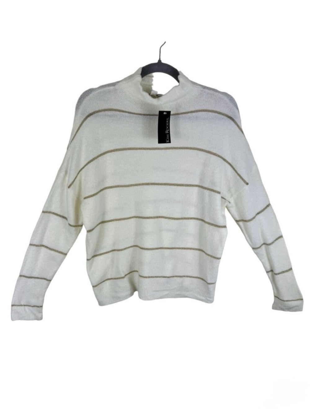 Kim‎ Rogers NWT Cream Gold Striped Shimmer Mock Neck Pullover Sweater Size PS